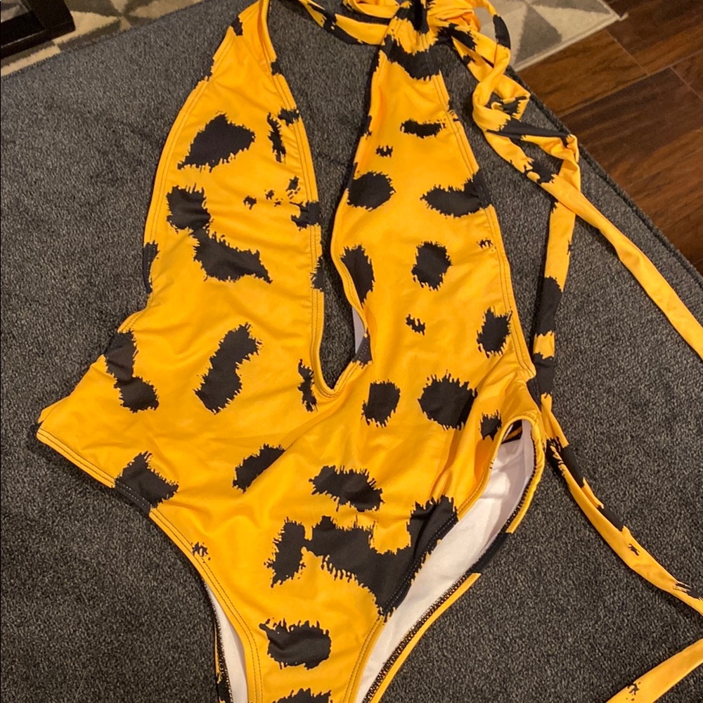 Vibrant Yellow and Black Swimsuit criss cross back self tie